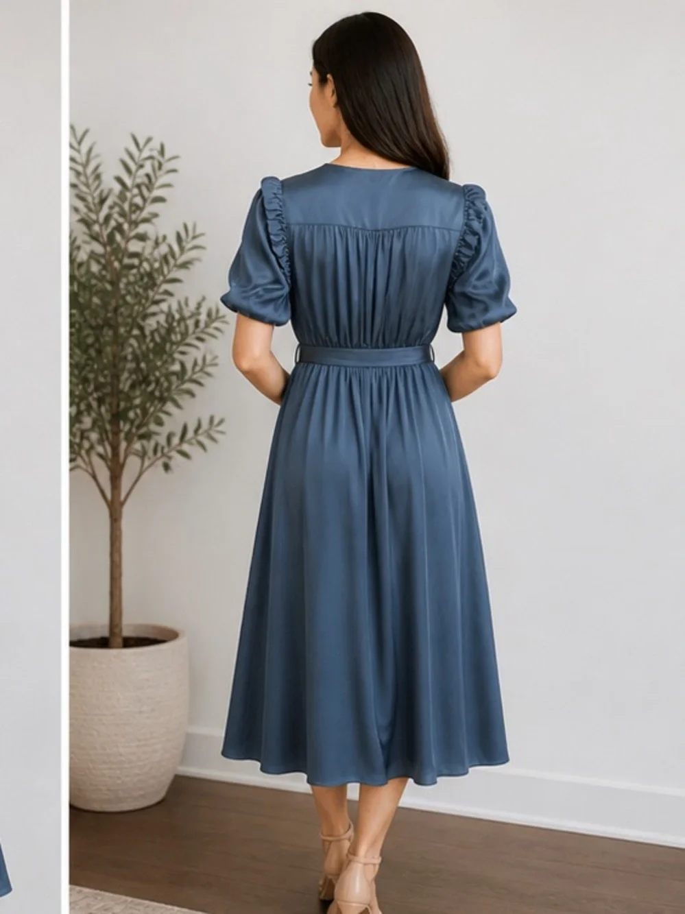 Kate Spade Blue Belted Midi Dress Size 0 Puff Sleeve A-Line Flaw